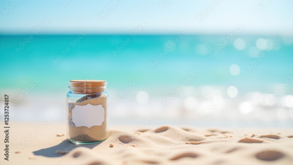 Jar Label Mockup, Beach setting jar with nautical theme label clear and serene. Jar Label Mockup, Beach setting jar with nautical theme label clear and serene.