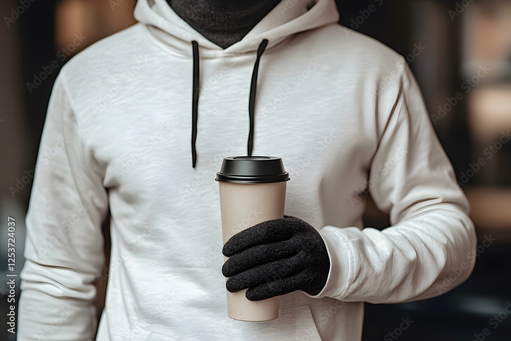 Fototapeta premium Winter Morning Coffee: A close-up shot of a hand wearing black gloves holding a disposable coffee cup, creating a cozy and atmospheric visual for chilly weather.