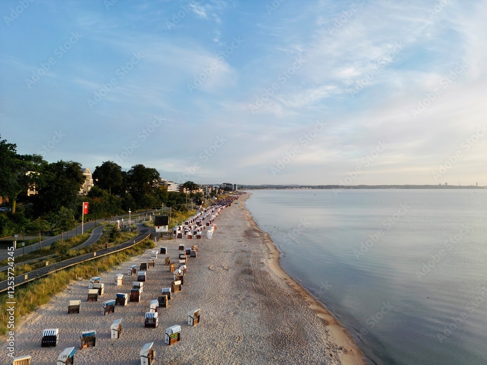 Obraz premium Drone pictures of Scharbeutz, Baltic Sea, beach, ocean, summer resort