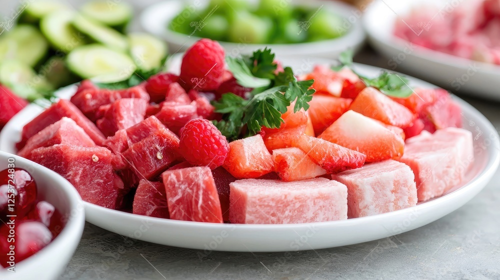 Raw meat and fruit fondue ingredients