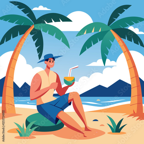 a man is enjoying the summer under the palm tree with a coconut