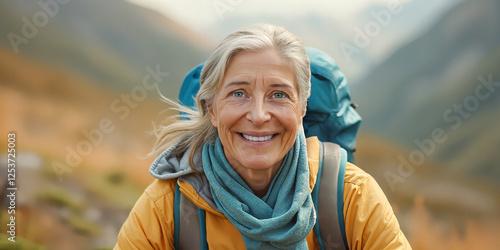 smiling mature woman with grey hair enjoying an outdoor adventure