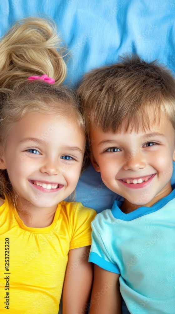 Children smiling, lying on a blue bed, happiness, childhood Children smiling, lying on a blue bed, happiness, childhood