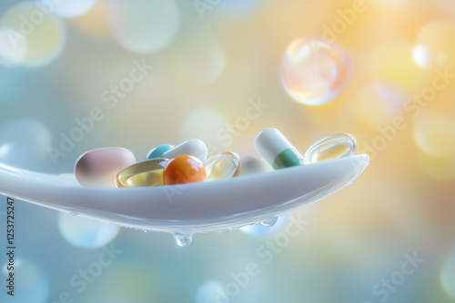 spoonful of pills is shown with a blurry background. The pills are of different colors and sizes, and they are scattered all over the spoon. Concept of chaos and disorder photo