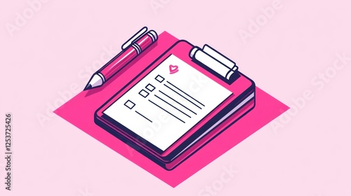 Pink clipboard with checklist and pen, isometric view, for forms, documents, or templates