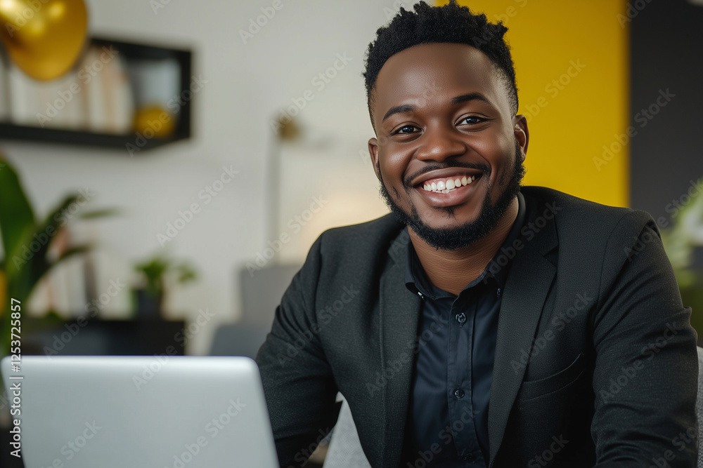 man in a suit is smiling and sitting in front of a laptop. Concept of professionalism and confidence, as the man is in a work environment. The laptop suggests that he might be working or studying man in a suit is smiling and sitting in front of a laptop. Concept of professionalism and confidence, as the man is in a work environment. The laptop suggests that he might be working or studying