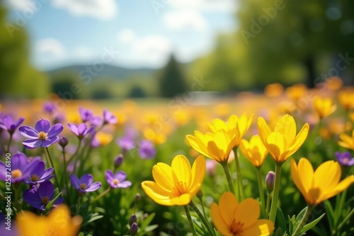 Yellow petals dance with purple companions in an idyllic flower field, field of flowers, colorful blooms, yellow and purple flowers