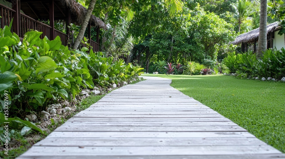 Wooden path through tropical resort garden Wooden path through tropical resort garden