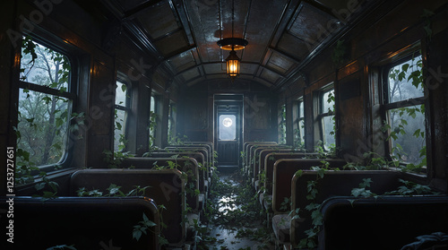 a mysterious fantastic abandoned train car. haunting yet poetic, cinematic and deeply atmospheric
