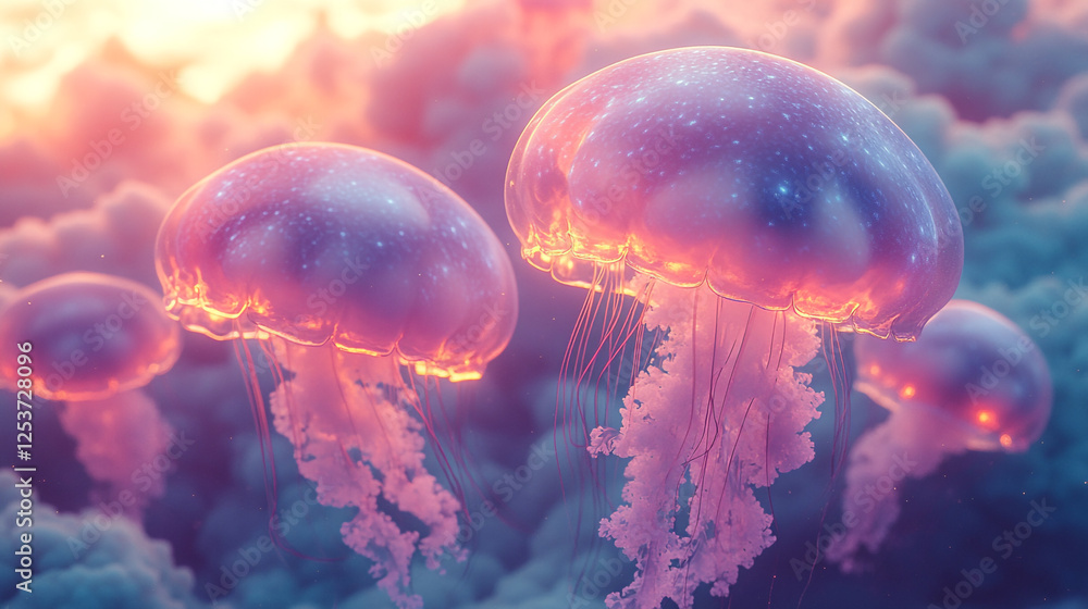 Obraz premium Colorful jellyfish swimming in vibrant underwater environment during twilight