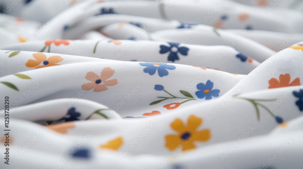 Obraz premium White fabric with small floral print, soft folds, close up
