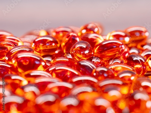 Obraz na płótnie Omega 3 transparent red pills, fish oil for health with blurred foreground w salonie