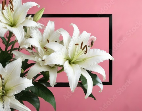 White lilies with black ribbon bordering pink background, funeral, grief, sadness, sorrow, elegant