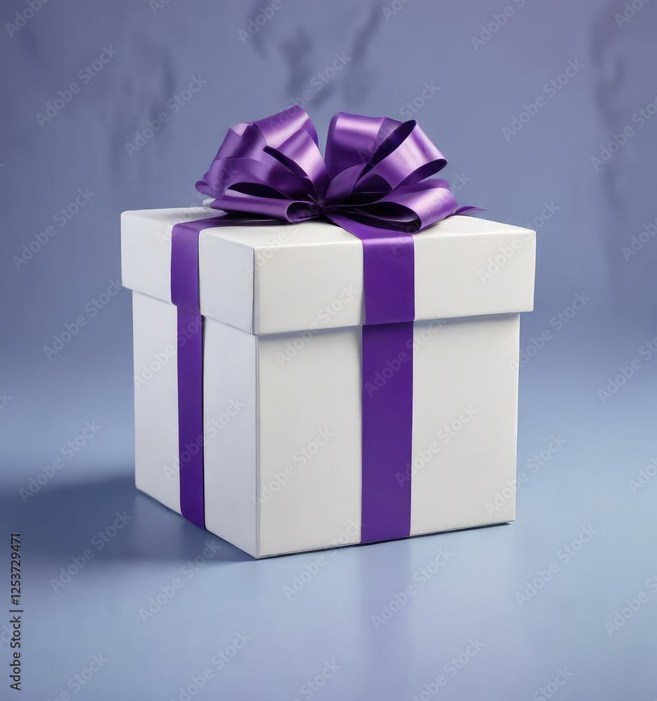 White gift box with purple ribbon and bow on a periwinkle blue background, surprise, occasion, present White gift box with purple ribbon and bow on a periwinkle blue background, surprise, occasion, present