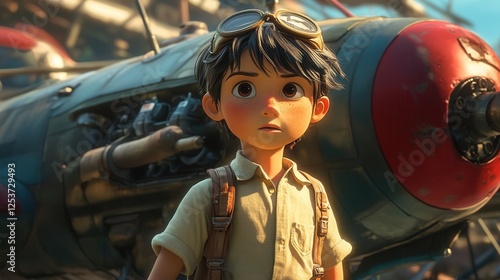Cartoon-style boy with goggles in front of a vintage airplane, retro style, adventure atmosphere.