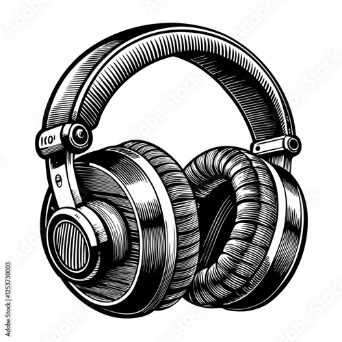 Vintage Style Headphones Illustration Black and White Detailed Drawing