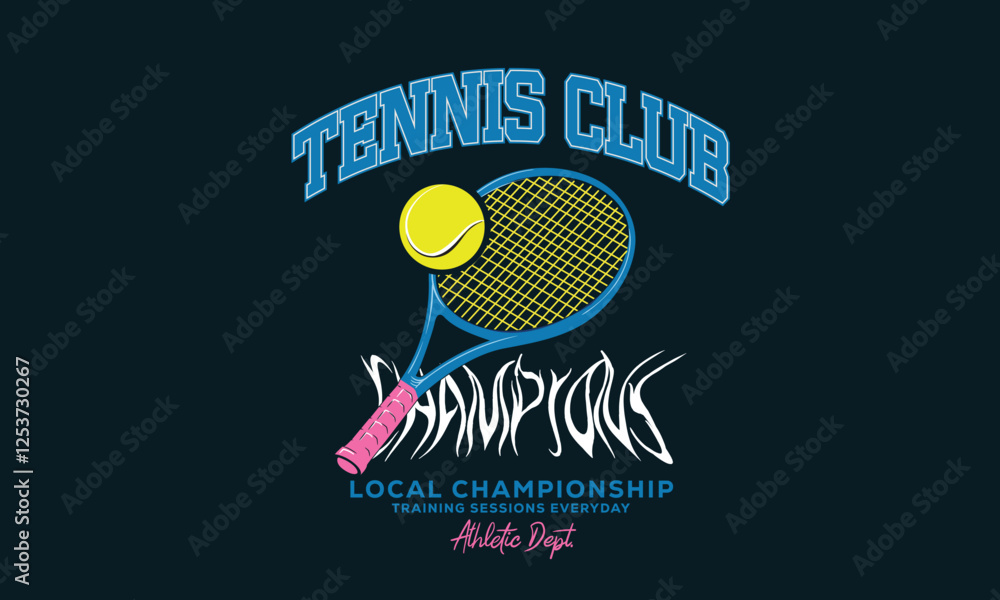 Fototapeta premium Tennis club artwork for t shirt, posters, stickers, background and others. Tennis champions team. Athletic club art. Tennis court graphic design.