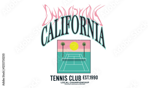 Tennis champions team. Athletic club art. Palm tree vector design. Tennis court graphic design. California tennis club artwork for t shirt, posters, stickers, background and others.