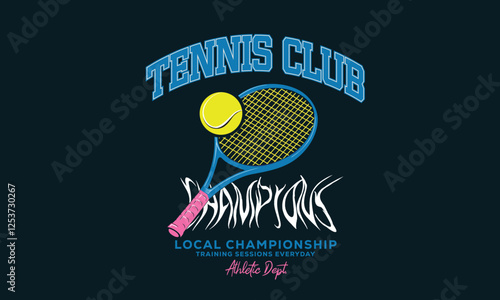 Tennis club artwork for t shirt, posters, stickers, background and others. Tennis champions team. Athletic club art. Tennis court graphic design.