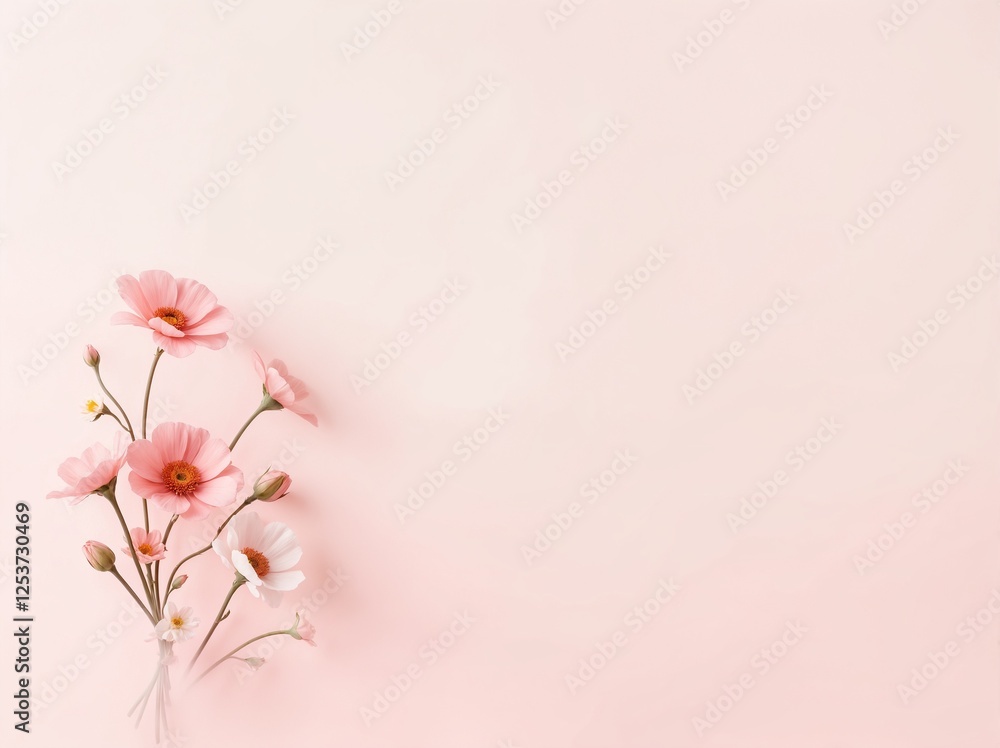 Naklejka premium Minimalist Blank space dreamy white pink blush flowers background for fantasy enchanting wedding romantic valentines decoration greeting card invitation announcement