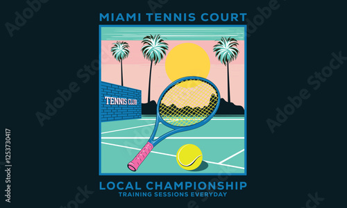 Miami tennis court artwork for t shirt, posters, stickers, background and others. Tennis champions team. Athletic club art. Palm tree vector design. Tennis court graphic design.