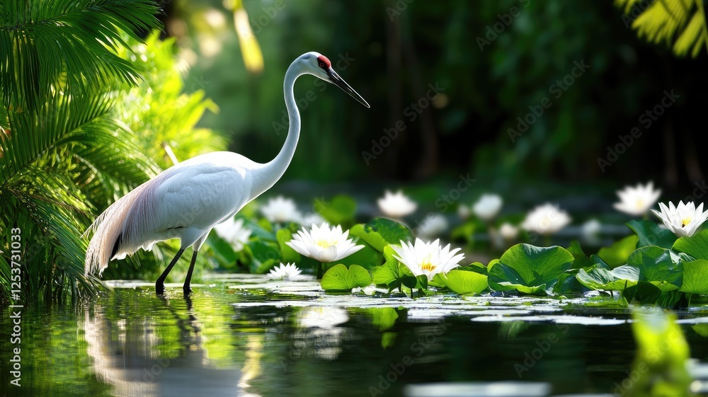 Obraz premium White crane stands in lush pond surrounded by water lilies tropical setting
