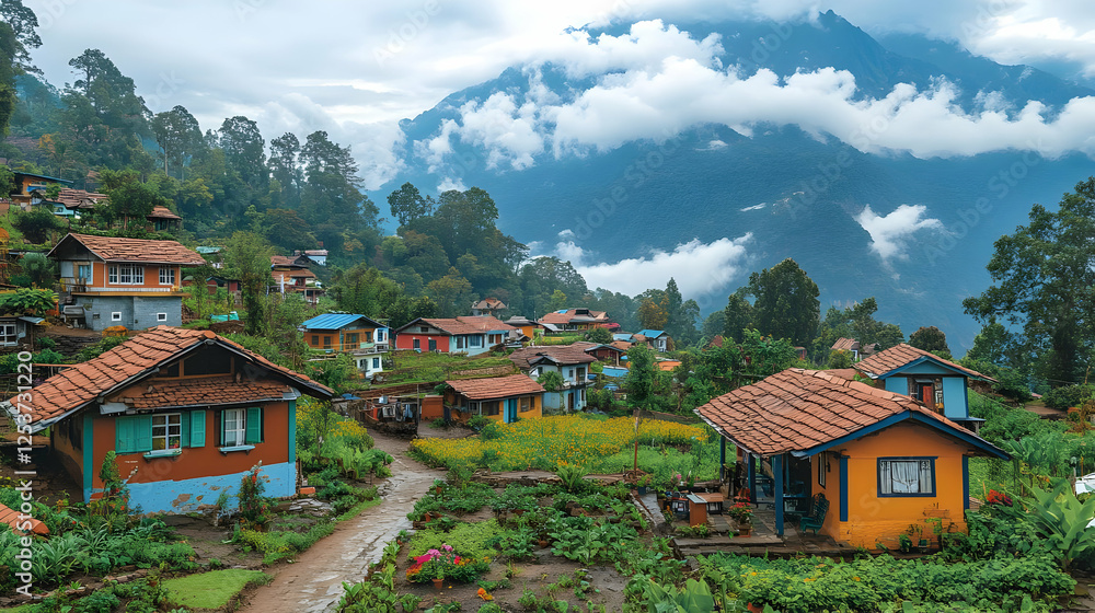 Fototapeta premium Colorful Houses on a Mountainside Village