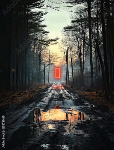 A red glowing rectangle in a damp, foggy forest suggests a hidden gateway to another dimension in a cinematic, eerie scene. photo