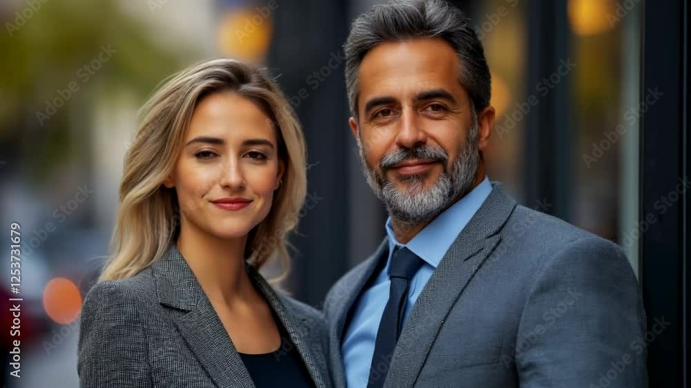 Business couple in suits with blonde and grey hair. Corporate lifestyle and fashion concept Business couple in suits with blonde and grey hair. Corporate lifestyle and fashion concept