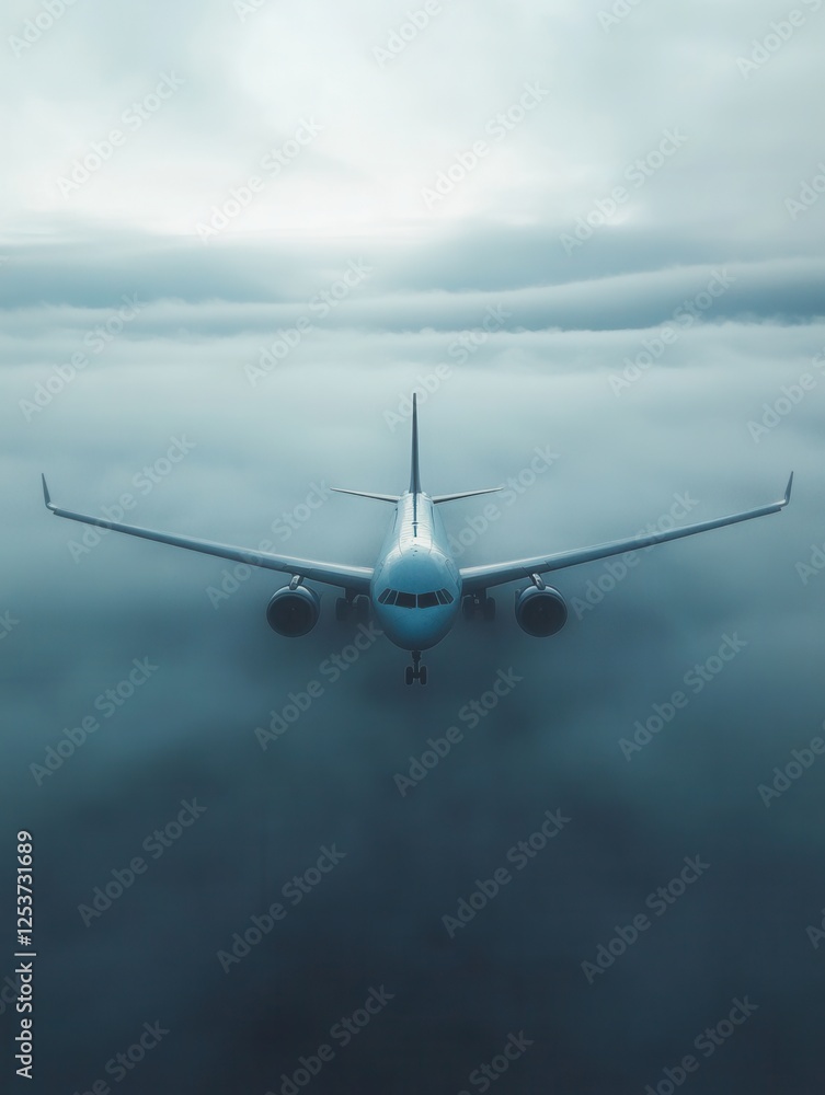 Obraz premium An airplane breaking through thick clouds, creating a dramatic aviation scene that captures the essence of high-altitude flight.