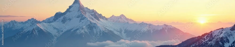 Fototapeta premium Snow-covered mountain peak shrouded in mist and golden sunlight, landscape, serene