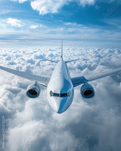 A modern passenger airplane flying at high speed, captured from a front-facing angle, soaring above the clouds in a blue sky, symbolizing aviation, technological progress, and travel.