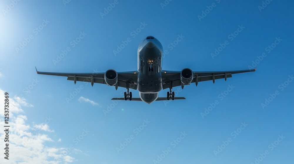 A front-facing view of a passenger airplane approaching for landing with extended landing gear and illuminated lights against a clear blue sky, symbolizing aviation, travel, and transportation. A front-facing view of a passenger airplane approaching for landing with extended landing gear and illuminated lights against a clear blue sky, symbolizing aviation, travel, and transportation.