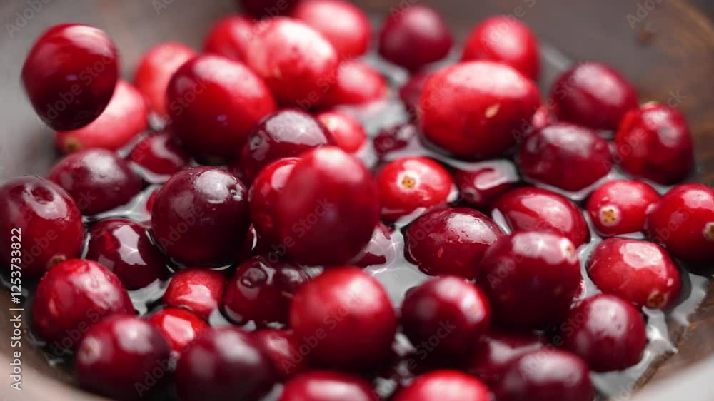 Fresh organic wet red cranberries falling into a wooden bowl of clean water in slow motion. Preparing berry juice with harvested fruit ingredients Fresh organic wet red cranberries falling into a wooden bowl of clean water in slow motion. Preparing berry juice with harvested fruit ingredients