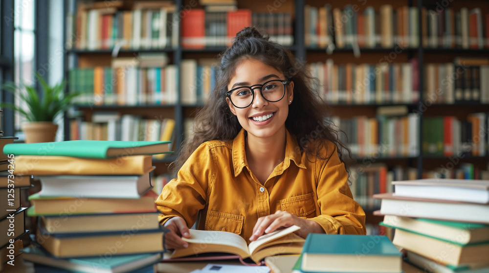 smiling student reading a book in a library smiling student reading a book in a library