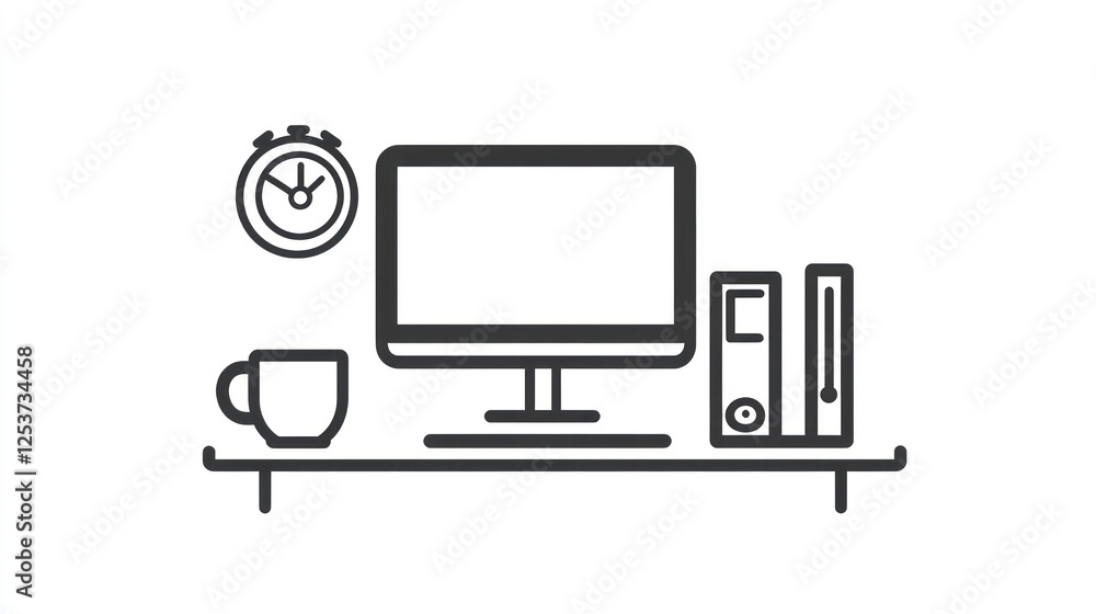 Office workspace with computer, timer, coffee cup and files. Simple work scene Office workspace with computer, timer, coffee cup and files. Simple work scene