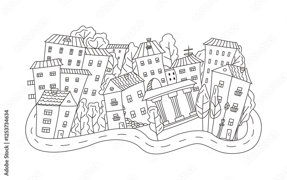 Obraz premium Houses, street, hand drawn old European city. Drawing, doodle. Outline, architecture, construction, black and white monochrome vector graphics, illustration on isolated background.
