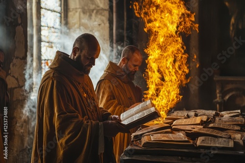 Monks burning forbidden texts during inquisition