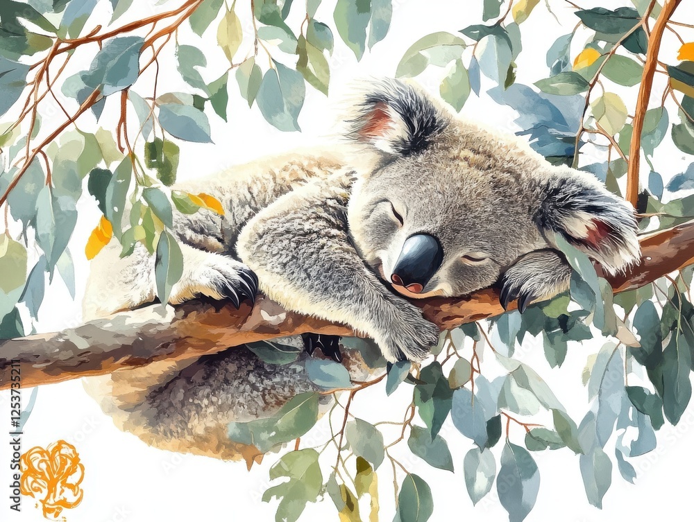 Obraz premium Sleepy Koala on a Eucalyptus Branch Surrounded by Green Leaves in a Peaceful Nature Setting