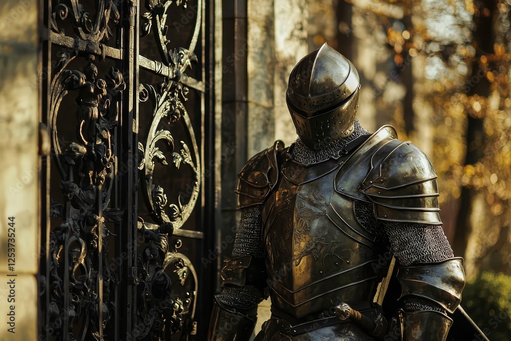 Noble knight in polished armor standing before castle gates. Noble knight in polished armor standing before castle gates.