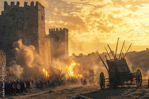 Siege tower approaching fortress during crusade battle. photo