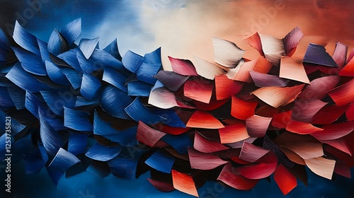 Abstract composition of layered petals in blue and red hues, creating a dynamic visual flow