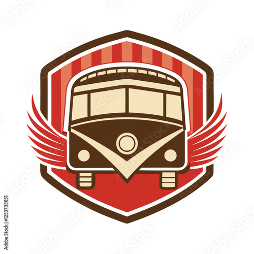 Vintage Bus Shield Vector – Retro Front View Emblem with Wings and Stripes