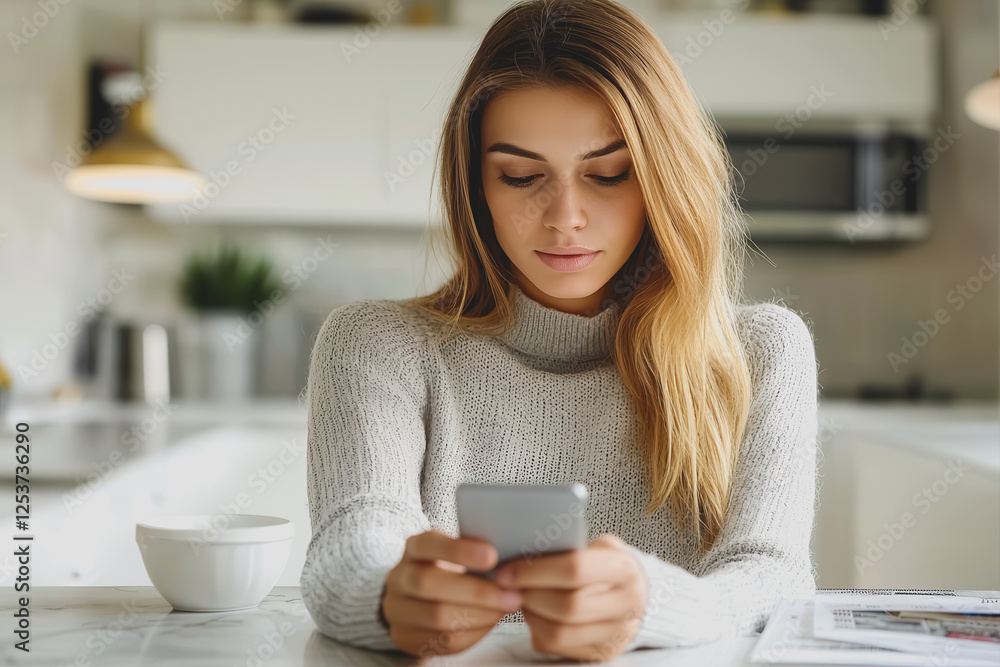 Woman sitting at a table using a smartphone while working on a project or communicating with friends Woman sitting at a table using a smartphone while working on a project or communicating with friends