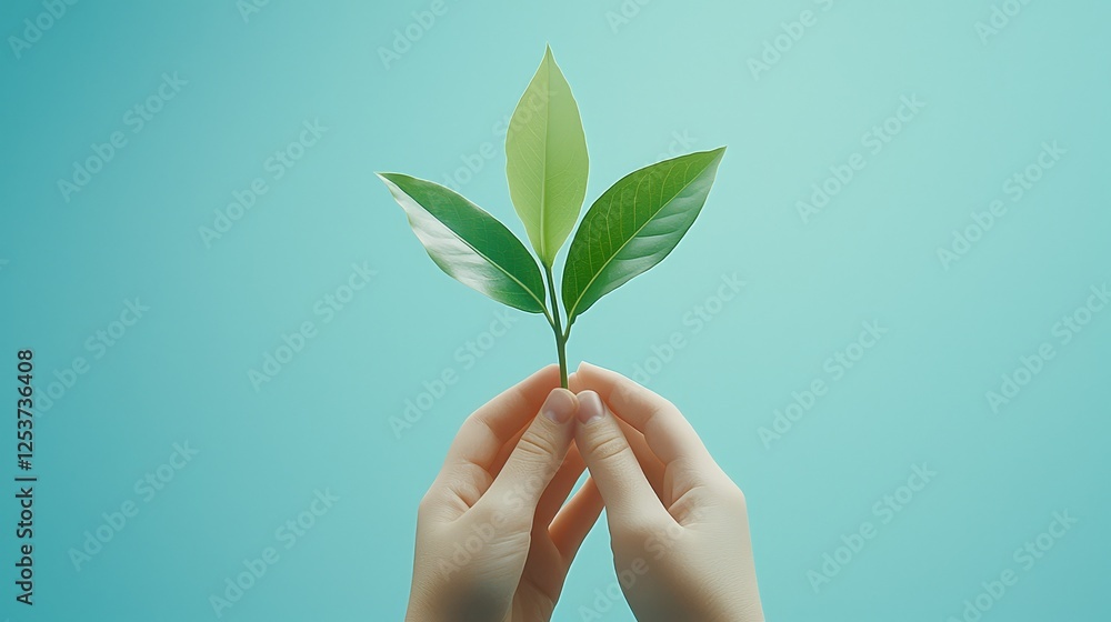 Human hand holding a vibrant green leaf, symbol of nature, growth, and environmental awareness Human hand holding a vibrant green leaf, symbol of nature, growth, and environmental awareness
