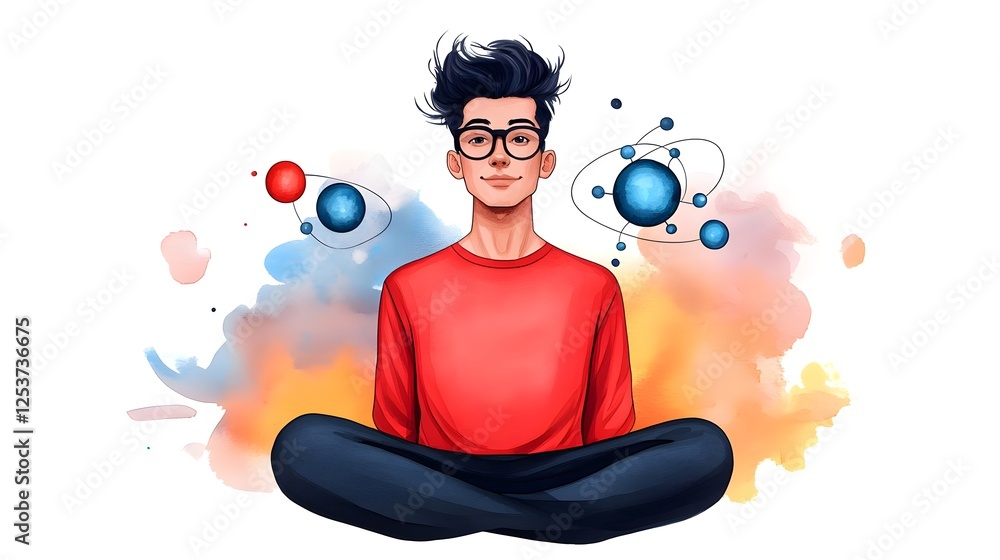 Young man meditating in a colorful digital illustration, surrounded by planets and atoms, representing the theme of science, knowledge, and exploration in a creative way. Young man meditating in a colorful digital illustration, surrounded by planets and atoms, representing the theme of science, knowledge, and exploration in a creative way.
