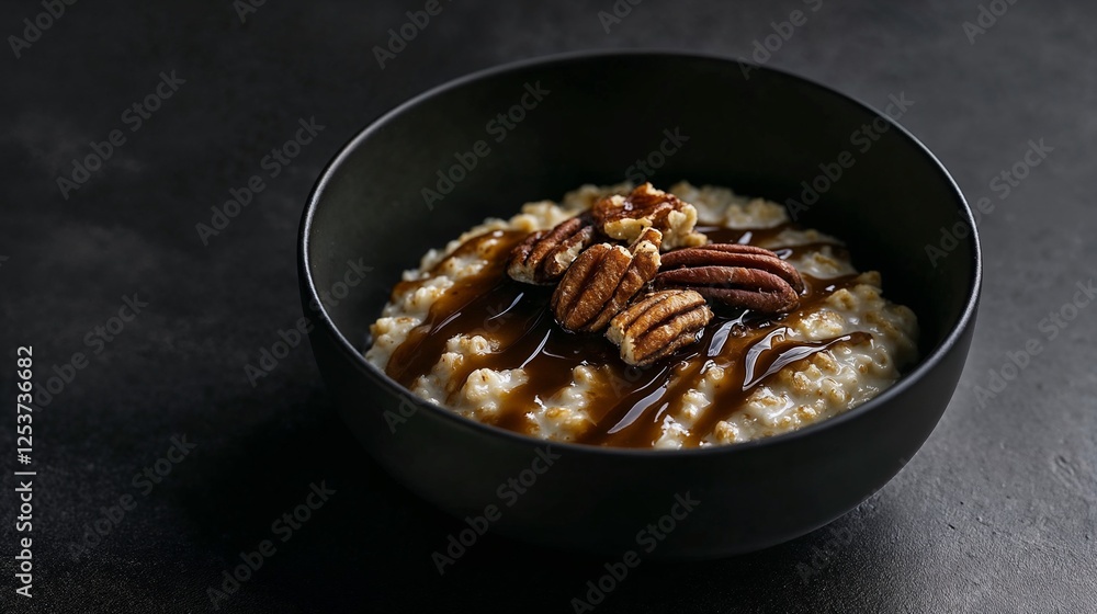 Delicious oatmeal bowl with pecans and caramel drizzle in dark ceramic dish Delicious oatmeal bowl with pecans and caramel drizzle in dark ceramic dish