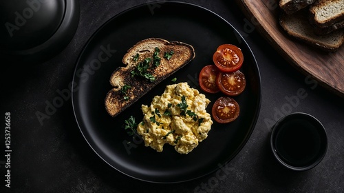 Gourmet breakfast plate with scrambled eggs, toast, and tomatoes