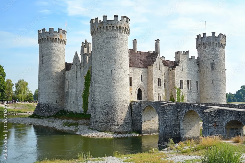 Stone medieval castle surrounded by a deep moat and drawbridge. Stone medieval castle surrounded by a deep moat and drawbridge.