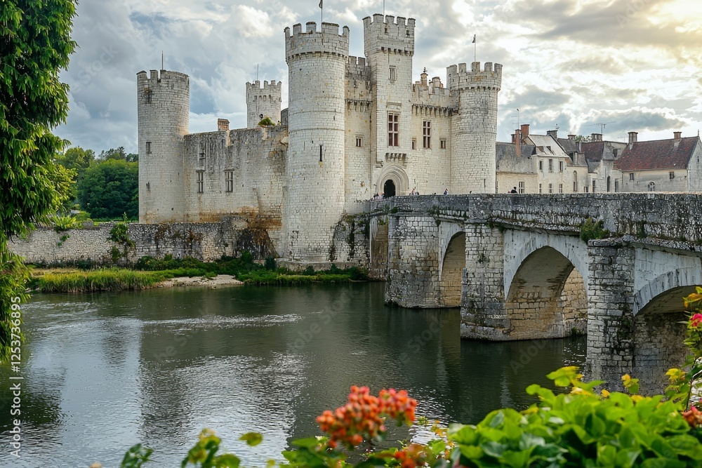 Obraz premium Stone medieval castle surrounded by a deep moat and drawbridge.